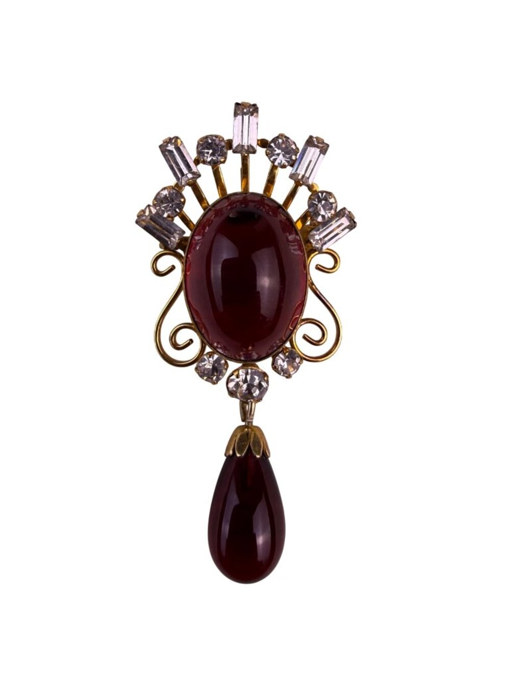 Van Dell Womens Red Cabochon & Crystal Brooch Pin 1/20 12KGF Gold Filled Vintage